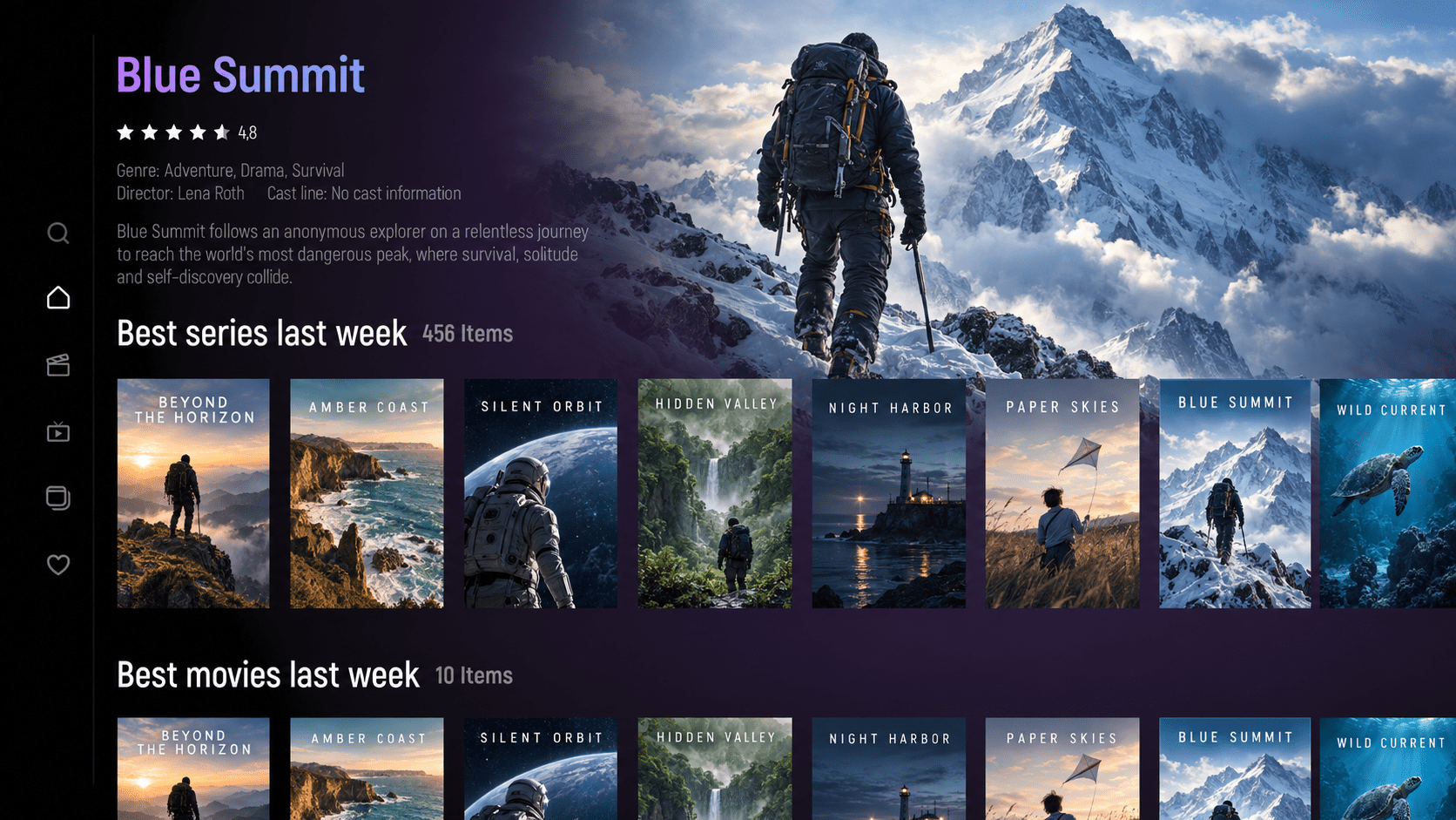 OTT+ Player Pro interface with fictional demo content