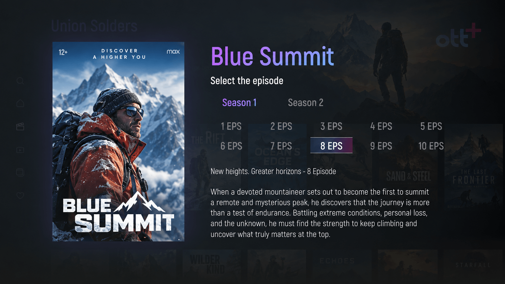 OTT+ Player Pro interface with fictional demo content