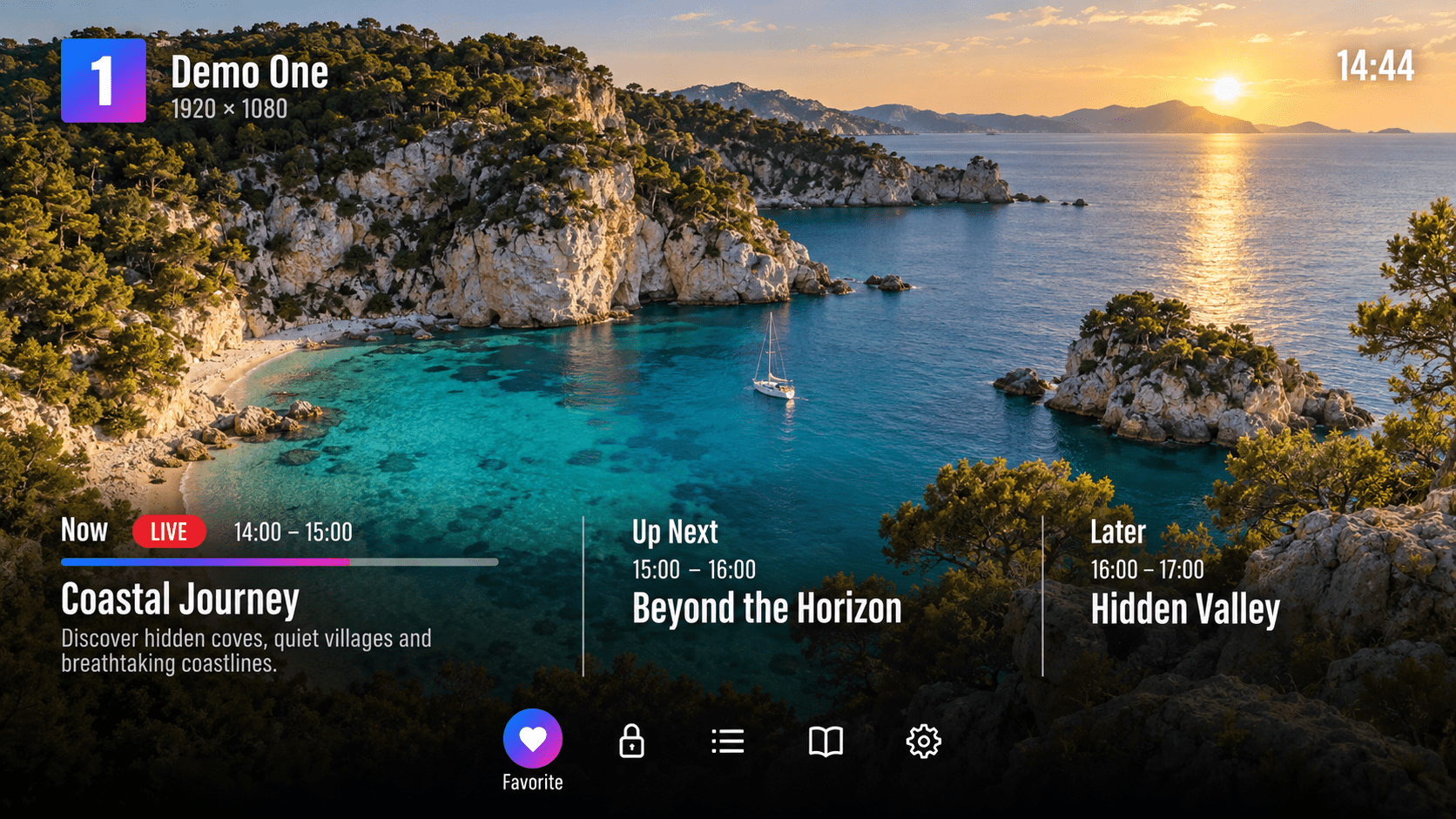 Demo One live TV player showing Coastal Journey with a program guide